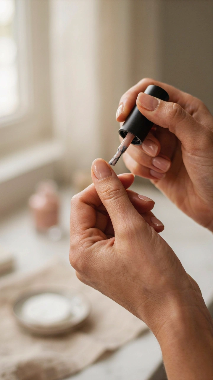 A dark brown woman's hand applying a sheer nude base coat polish to her thumbnail.