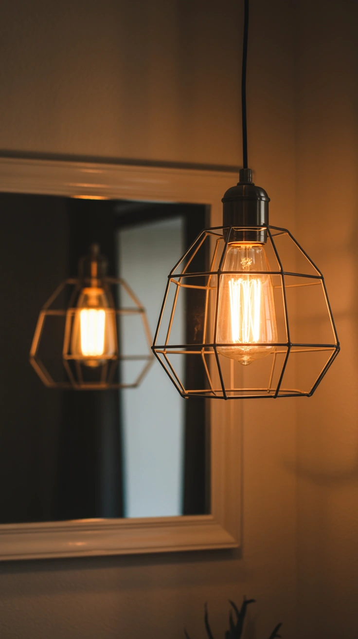 25 Cozy Farmhouse Bathroom Ideas With Rustic Charm 21 Industrial metal cage pendant light with an Edison bulb.