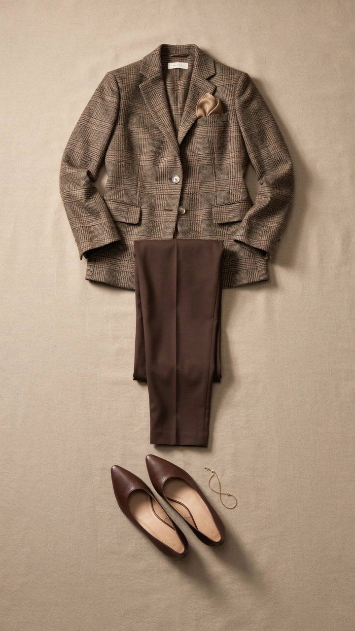 25 Fall Outfits That Make Getting Dressed So Easy 18 Brown houndstooth plaid blazer paired with dark brown ankle trousers and pointed flats.