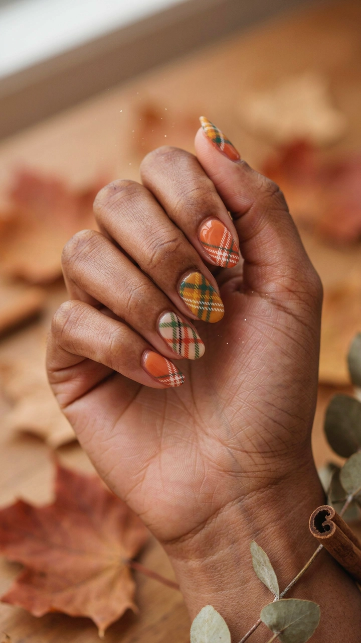 Autumn plaid flannel nail pattern design.