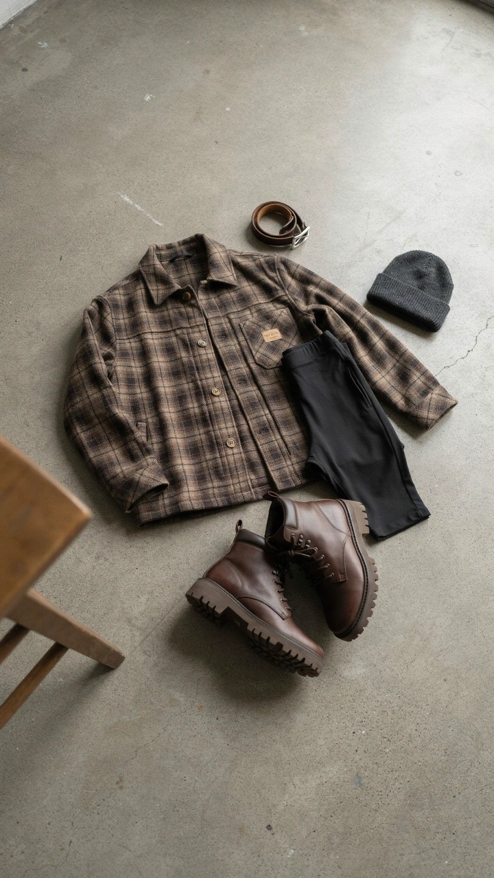 25 Fall Outfits That Make Getting Dressed So Easy 11 Oversized brown plaid shacket paired with black leggings and dark lug-sole boots.
