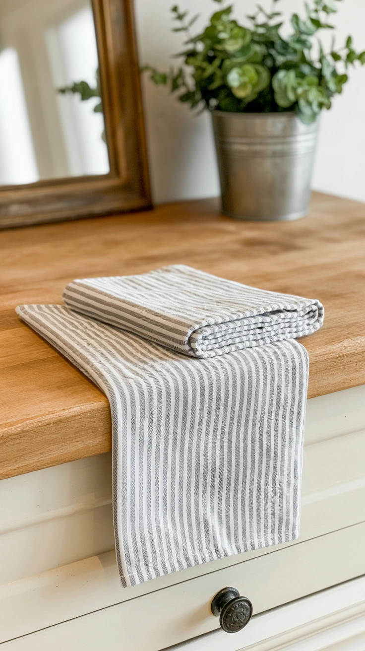 25 Cozy Farmhouse Bathroom Ideas With Rustic Charm 18 Striped cotton hand towels folded on a wooden vanity top.