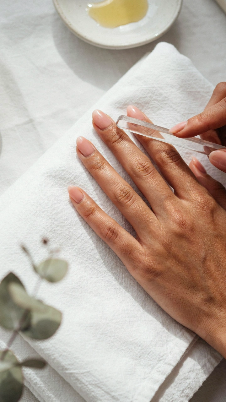A dark brown woman's hand resting on a white towel while filing an almond-shaped nail with a glass file.