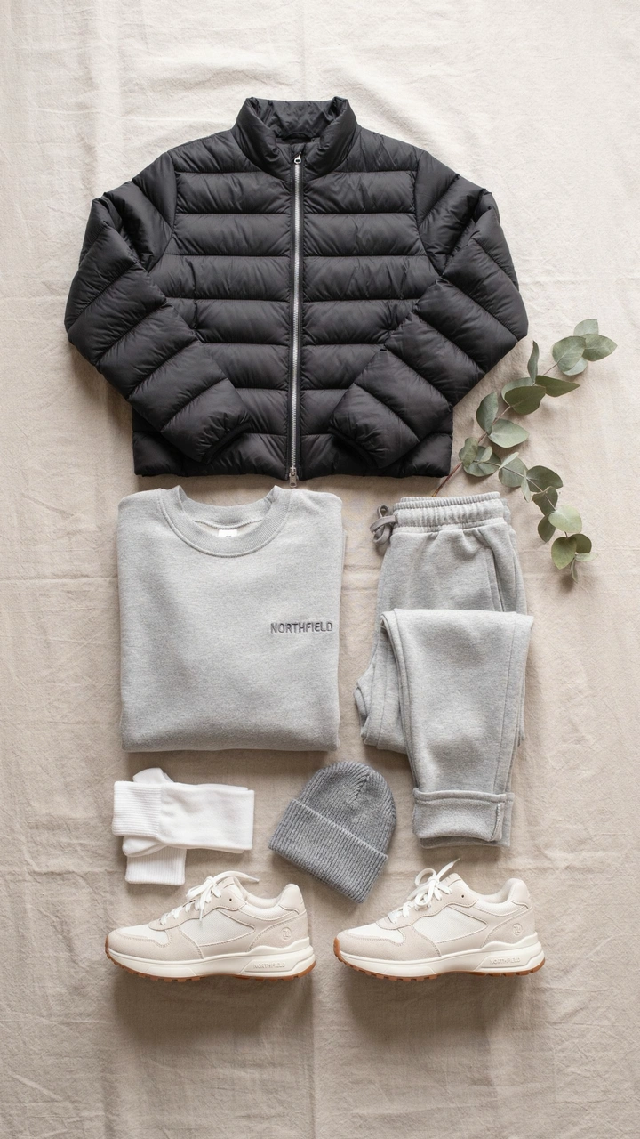 25 Fall Outfits That Make Getting Dressed So Easy 25 Black cropped puffer jacket paired with grey fleece joggers and retro sneakers.