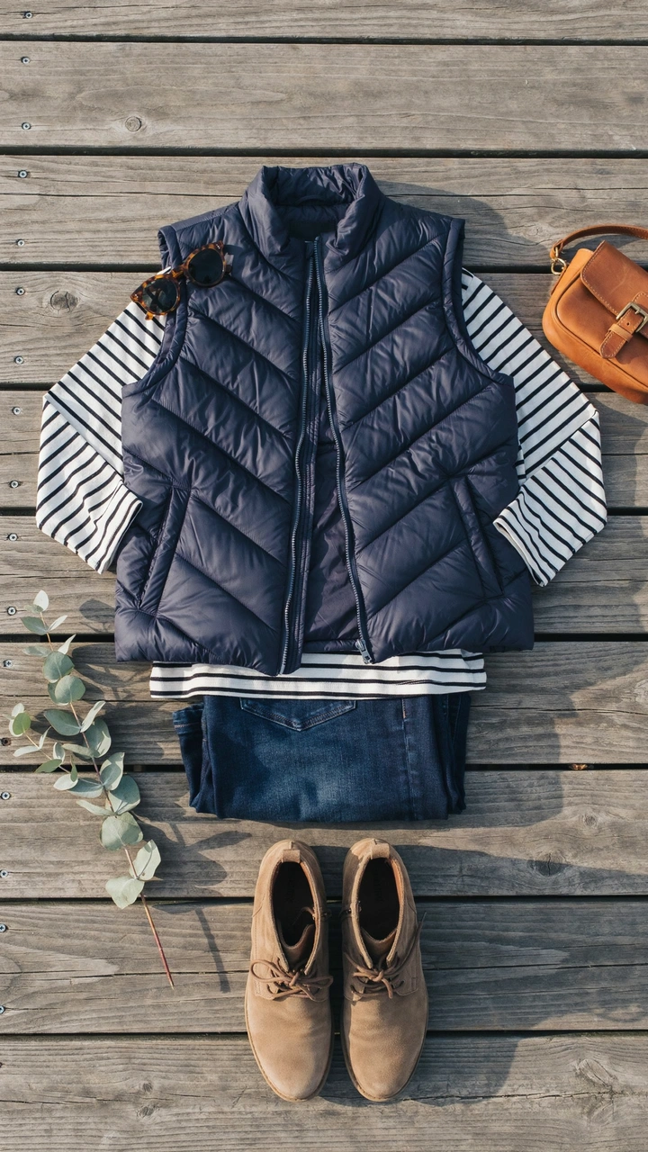 25 Fall Outfits That Make Getting Dressed So Easy 17 : Navy quilted vest worn over a black and white striped long-sleeve tee with tall suede boots.