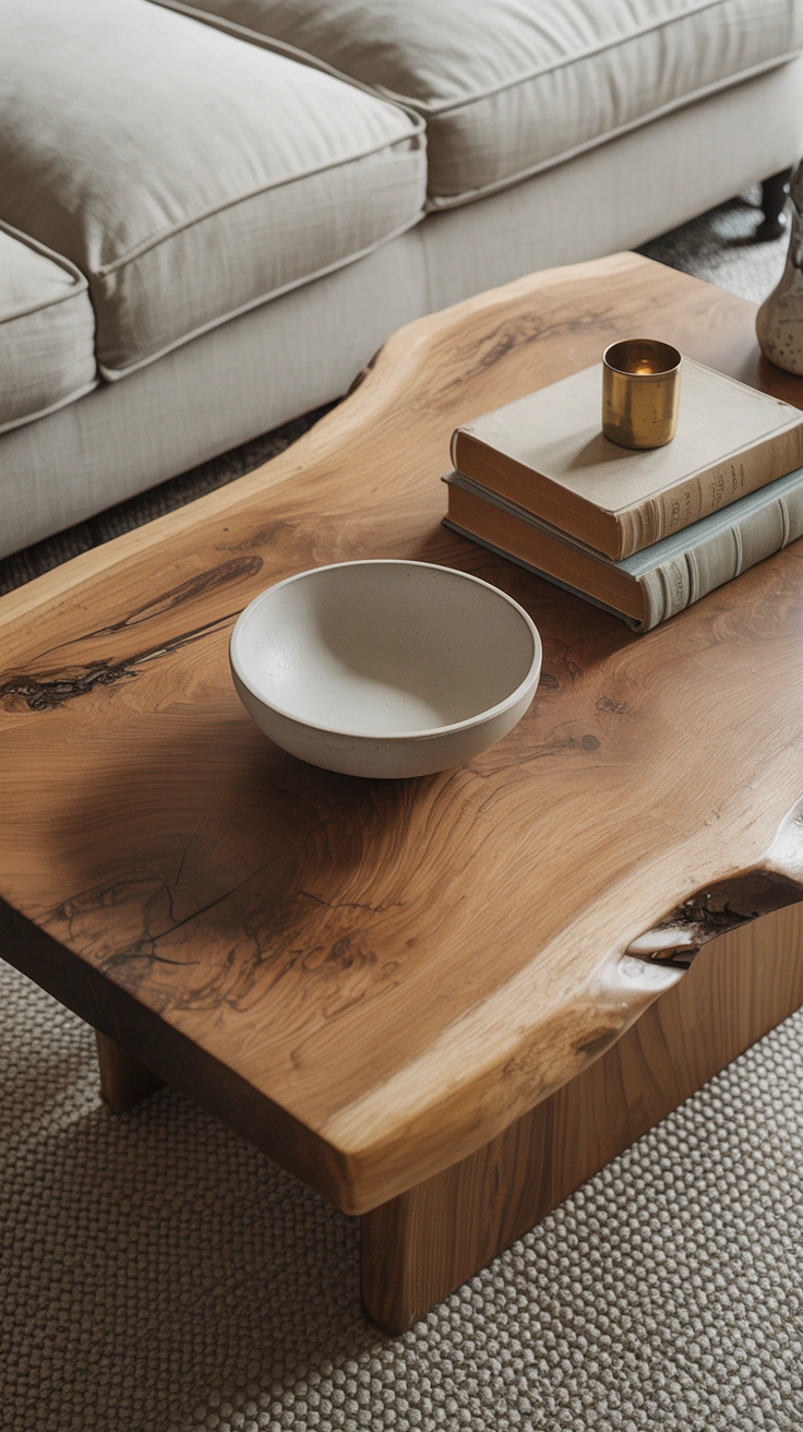 21 Earthy Fall Living Room Ideas for a Warm and Cozy Home 6 A solid live-edge wood coffee table styled with a ceramic bowl and vintage books.
