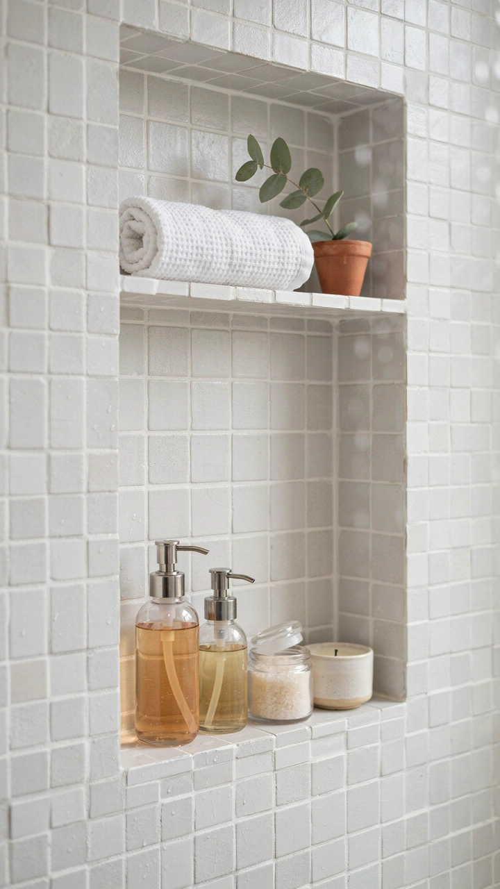 21 Cozy Bathroom Ideas for Small Spaces That Feel Surprisingly Spacious 5 Built-in recessed shower wall shelves holding rolled white hand towels and small glass bottles.