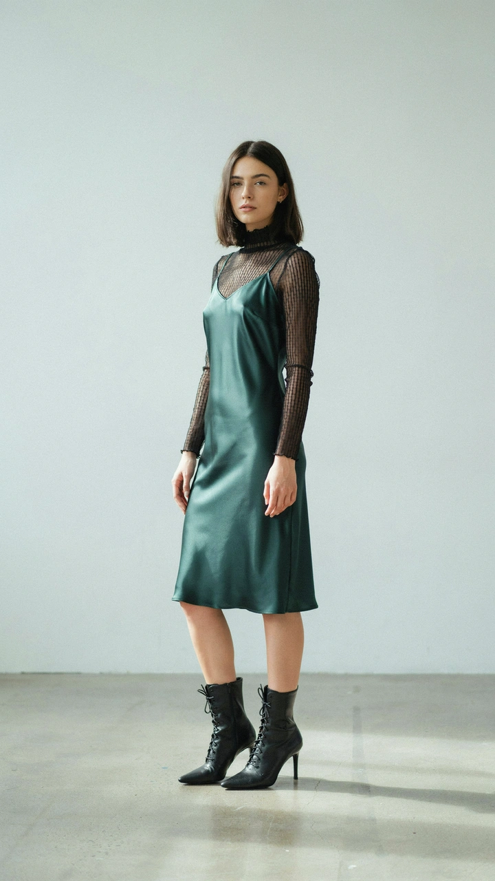25 Fall Outfits That Make Getting Dressed So Easy 31 Black mesh turtleneck layered under an emerald green satin slip dress.