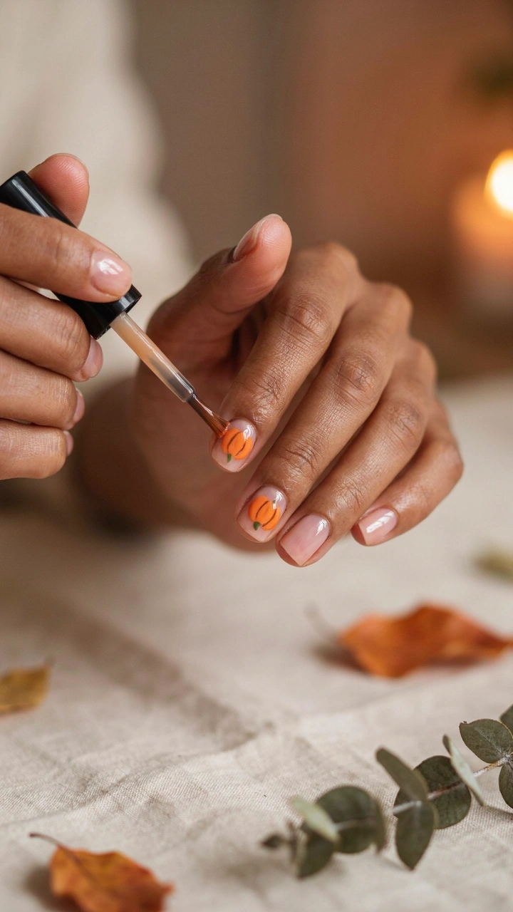 A dark brown woman's hand applying a clear glossy top coat over a painted mini pumpkin nail design.