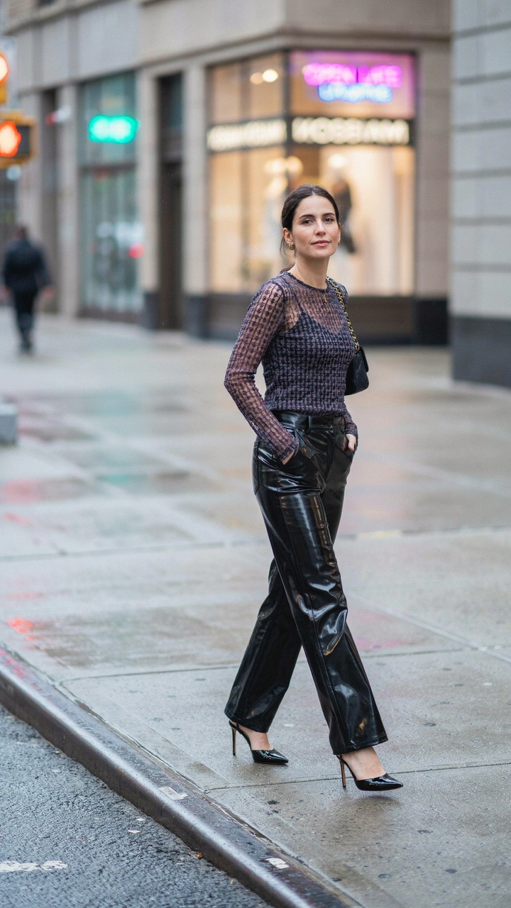 25 Fall Outfits That Make Getting Dressed So Easy 32 Dark patterned mesh top paired with black wide-leg leather trousers and heels.