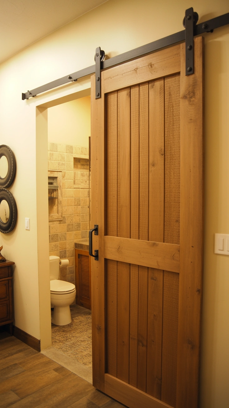 25 Cozy Farmhouse Bathroom Ideas With Rustic Charm 5 Rustic pine sliding barn door with dark metal hardware in a home interior.