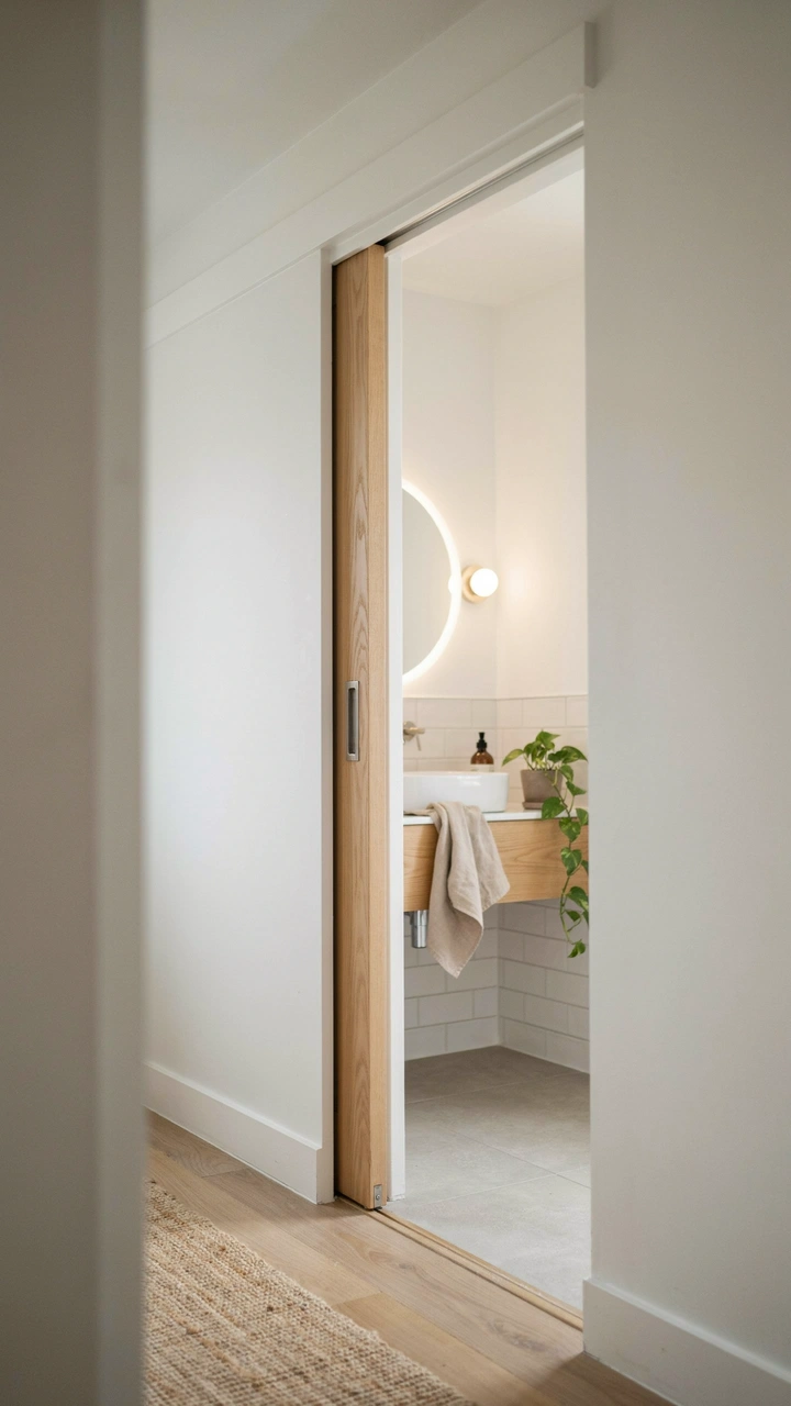 21 Cozy Bathroom Ideas for Small Spaces That Feel Surprisingly Spacious 21 A modern wooden sliding pocket door opened halfway to reveal a cozy small bathroom interior.
