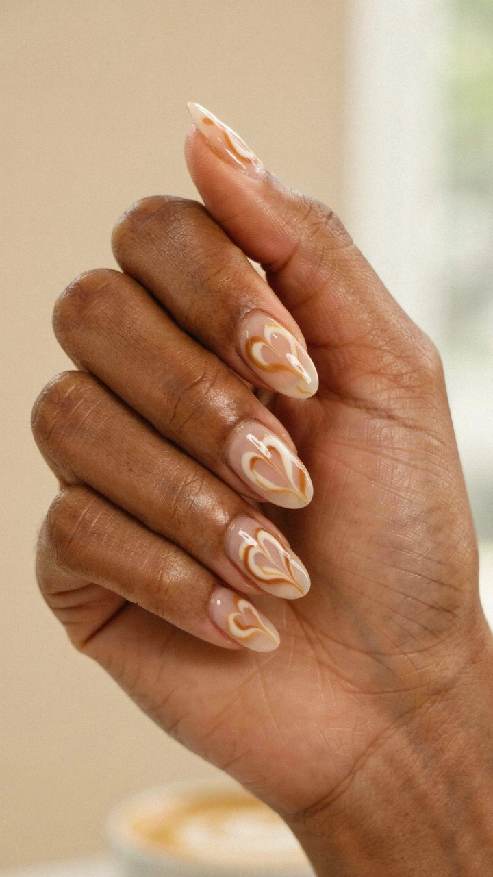 21 Cozy Fall Nail Ideas for a Warm Seasonal Look 9 Soft caramel latte swirl nail art pattern.