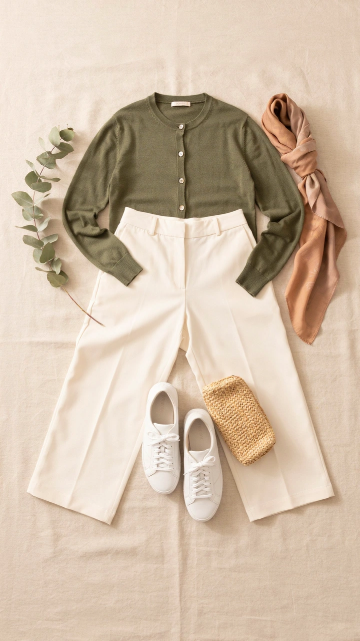 25 Fall Outfits That Make Getting Dressed So Easy 8 Olive green knit cardigan paired with high-waisted cream wide-leg trousers and white sneakers.