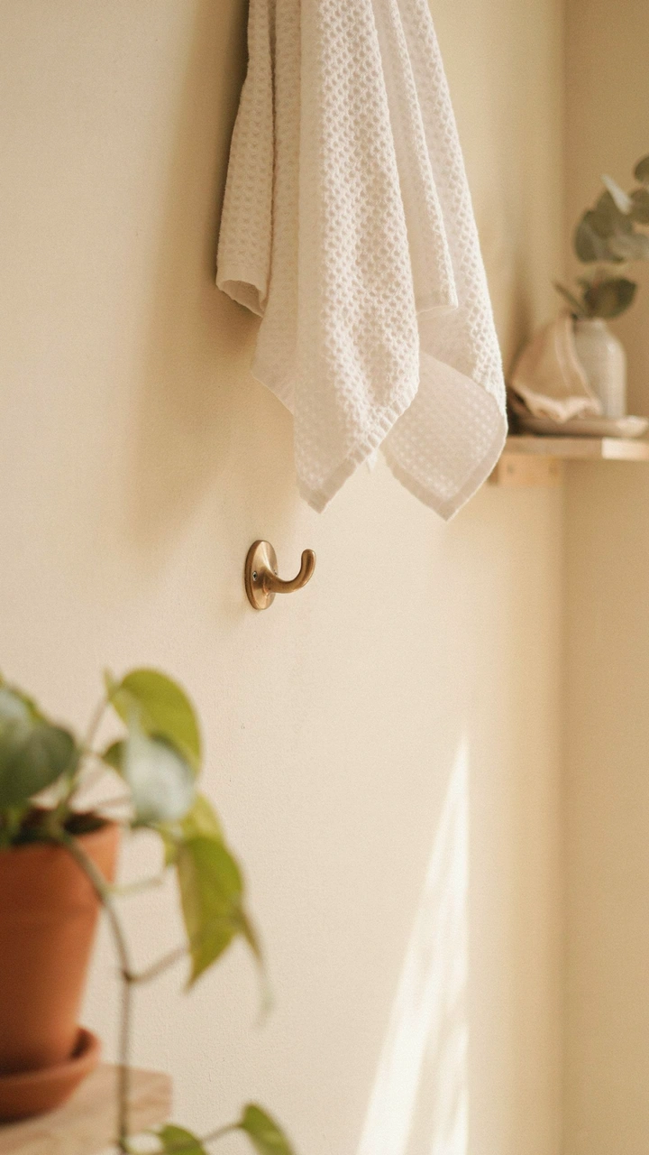 21 Cozy Bathroom Ideas for Small Spaces That Feel Surprisingly Spacious 2 Soft beige walls paired with creamy white towels and light beige tiles in a bright bathroom.