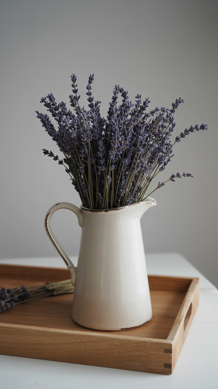 25 Cozy Farmhouse Bathroom Ideas With Rustic Charm 25 White ceramic pitcher filled with dried lavender on a bathroom counter.