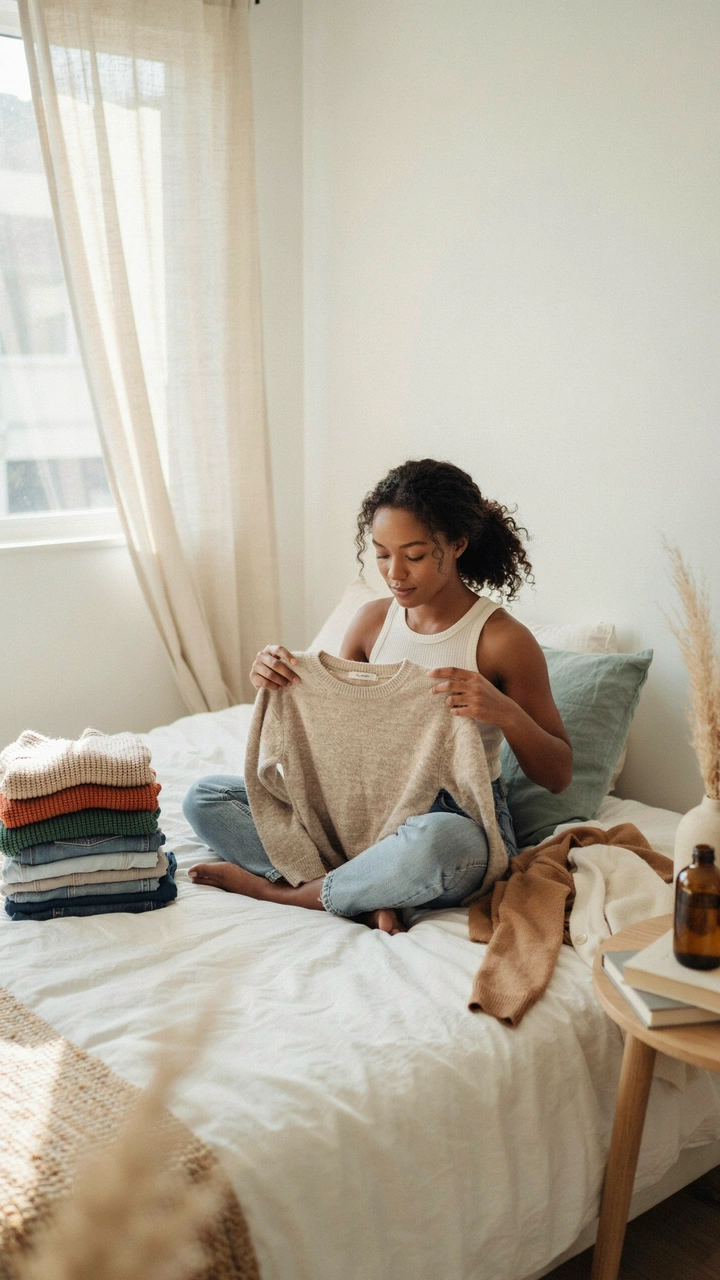 How to Build a Simple Fall Capsule Wardrobe You’ll Actually Wear 3 A dark brown woman sorting through fall sweaters and clothes on a cozy bed.