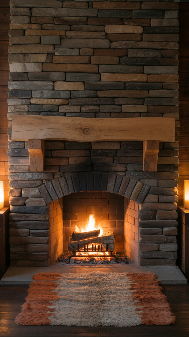 21 Earthy Fall Living Room Ideas for a Warm and Cozy Home 18 A stacked natural stone fireplace with a wood mantle and glowing fire inside.