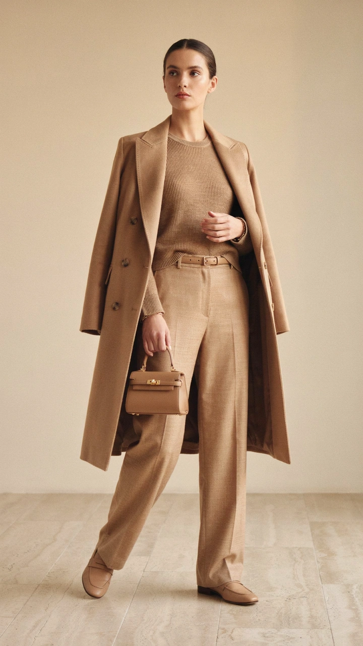 25 Fall Outfits That Make Getting Dressed So Easy 20 Tailored camel monochromatic suit styled with a long wool coat.