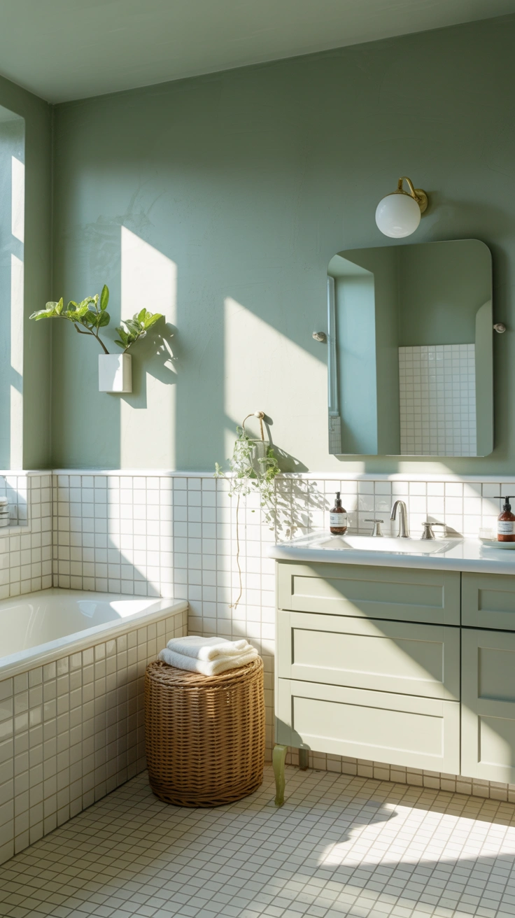 25 Cozy Farmhouse Bathroom Ideas With Rustic Charm 19 Muted sage green painted wall in a serene bathroom setting.