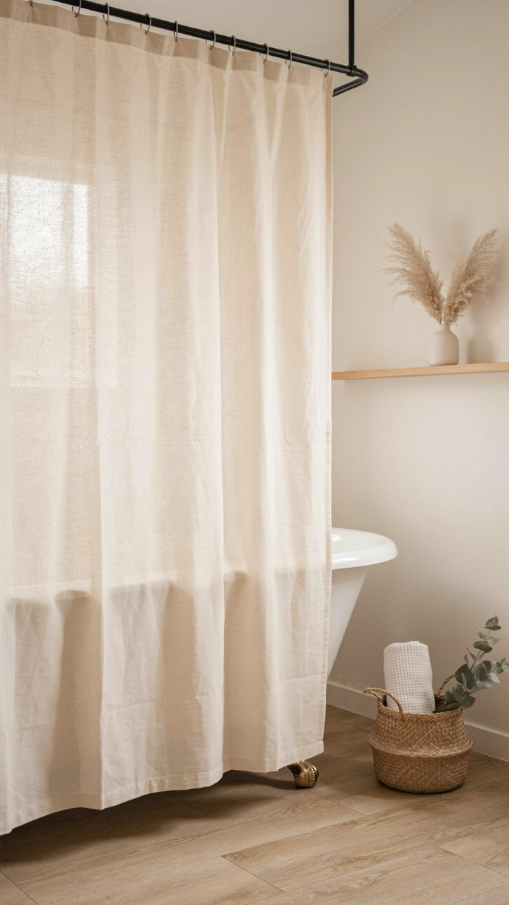 21 Cozy Bathroom Ideas for Fall That Feel Warm and Inviting 7 A cream-colored textured linen shower curtain hanging in a bathroom.