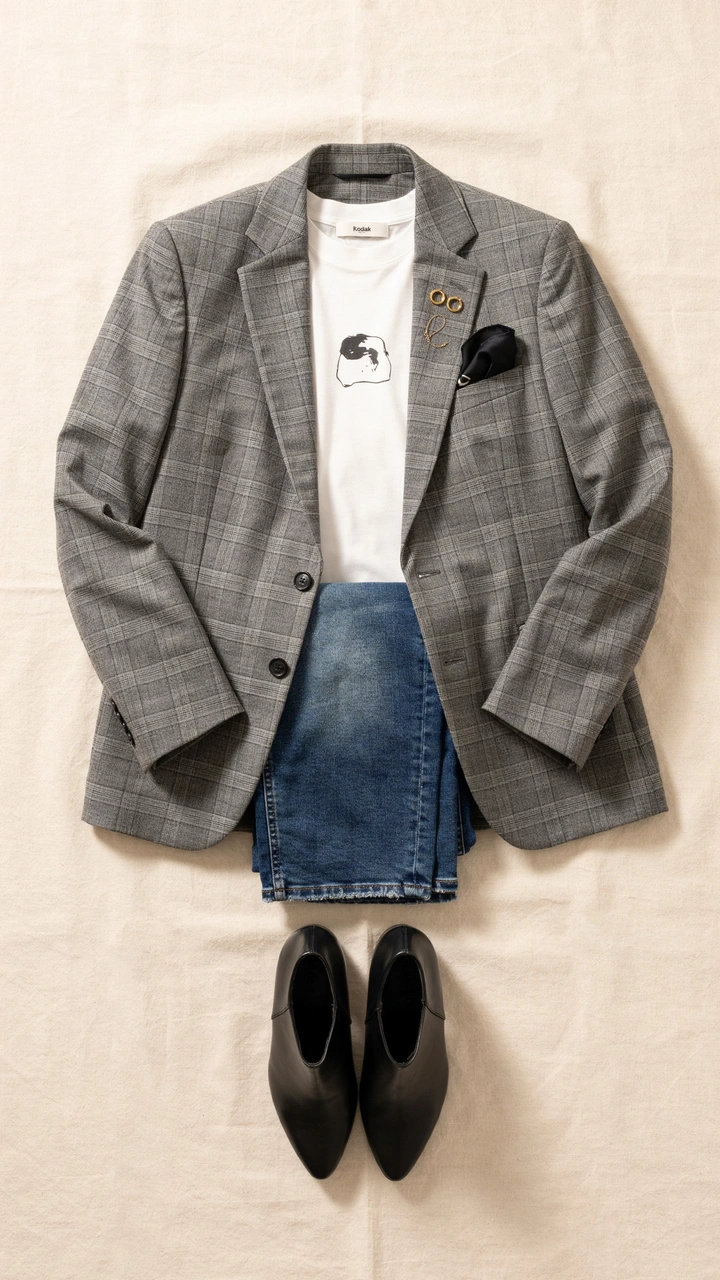 25 Fall Outfits That Make Getting Dressed So Easy 7 A grey plaid blazer over a white graphic t-shirt paired with dark jeans and black leather boots.