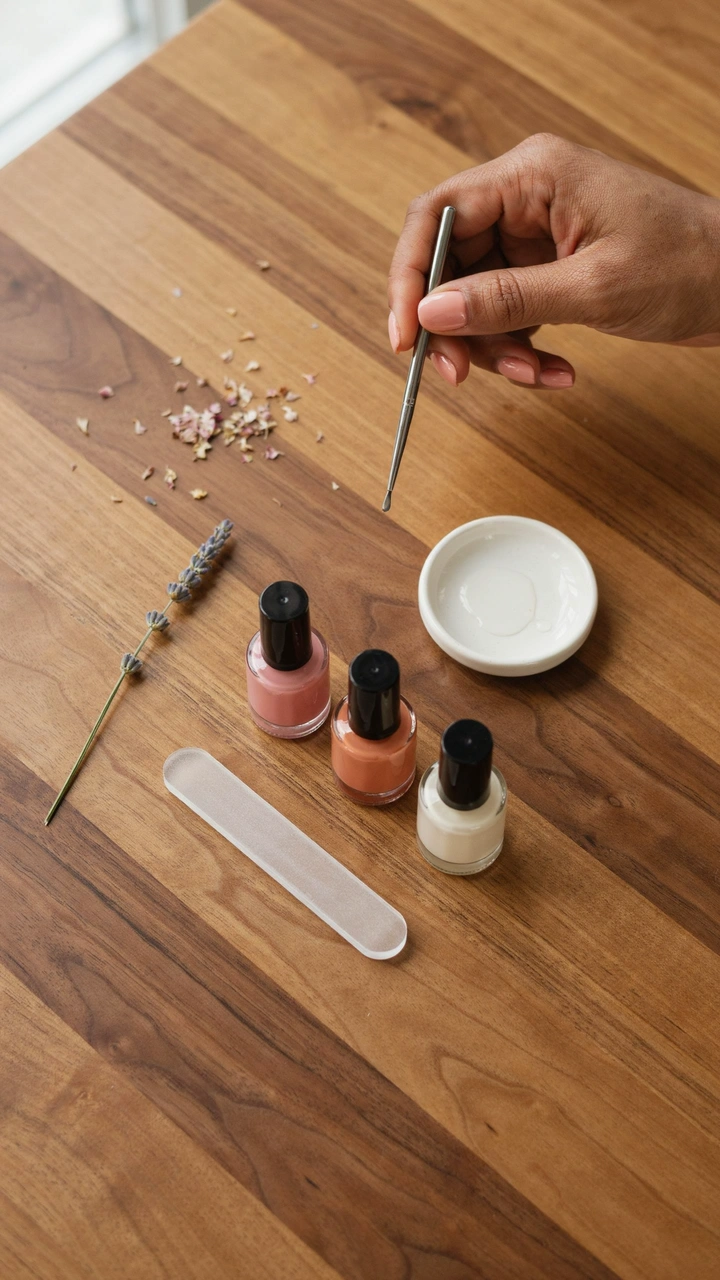 A dark brown woman's hand holding a dotting tool above nail polishes and a glass file on a wooden table.