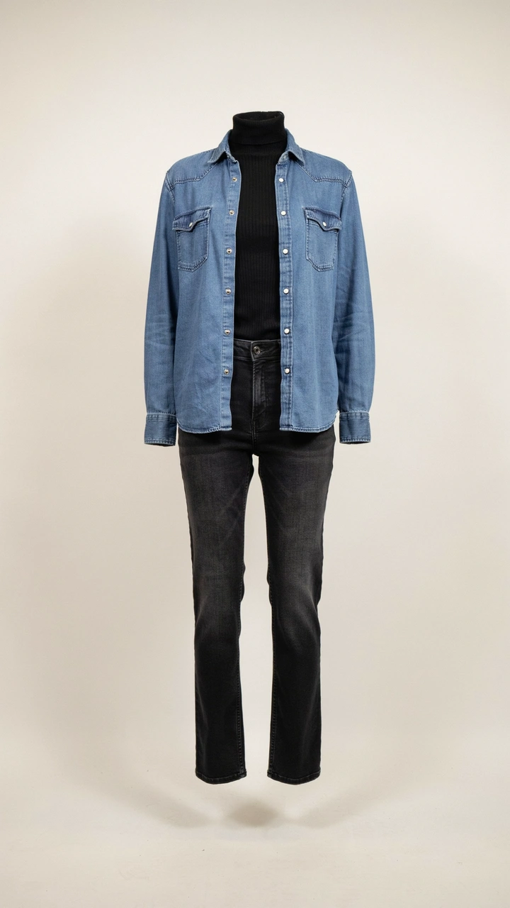 25 Fall Outfits That Make Getting Dressed So Easy 16 Thin black turtleneck layered under an unbuttoned blue denim shirt with black jeans.