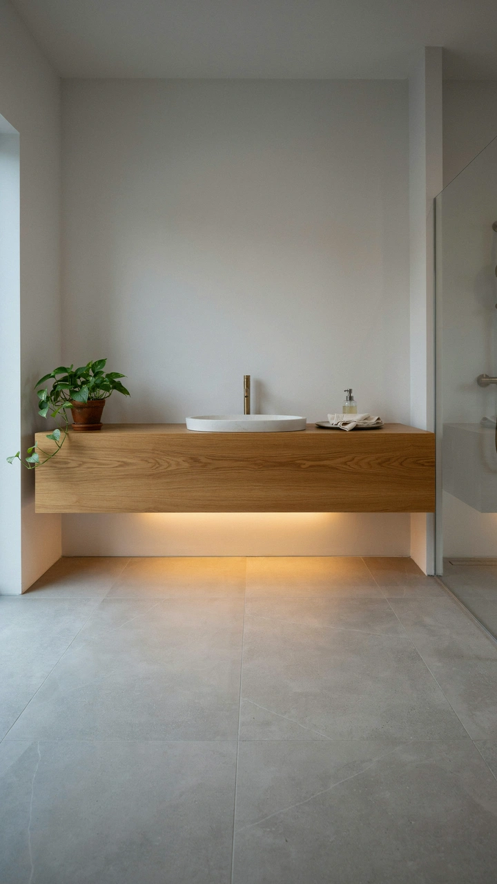 21 Cozy Bathroom Ideas for Small Spaces That Feel Surprisingly Spacious 10 Soft LED strip lighting under a floating vanity glowing over a light tile floor.