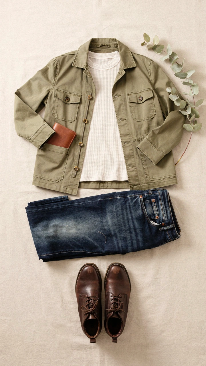 25 Fall Outfits That Make Getting Dressed So Easy 27 Olive green utility jacket layered over a cream thermal shirt with lace-up boots.