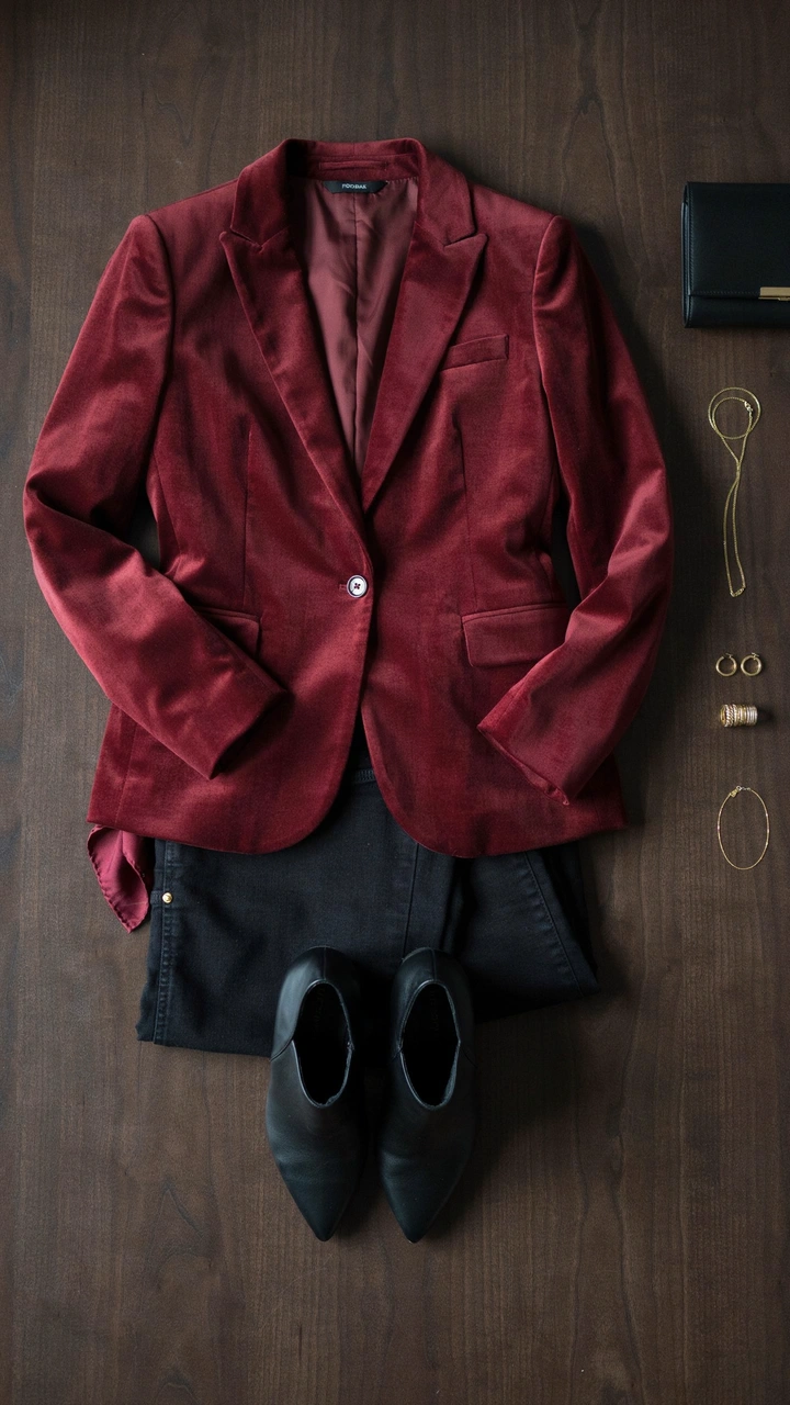 25 Fall Outfits That Make Getting Dressed So Easy 30 Deep wine-red velvet blazer paired with black straight-leg jeans and black boots.