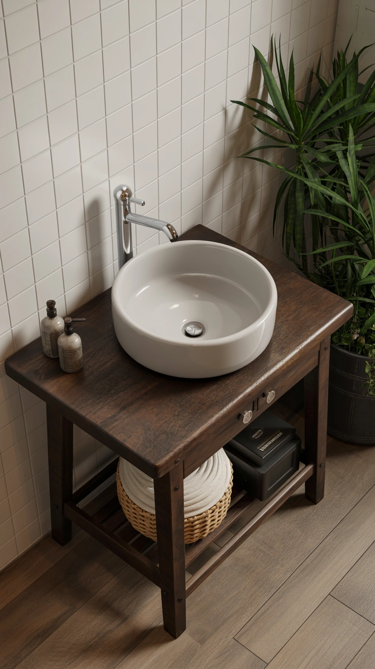 25 Cozy Farmhouse Bathroom Ideas With Rustic Charm 17 Ceramic vessel sink mounted on top of a repurposed antique wood table.