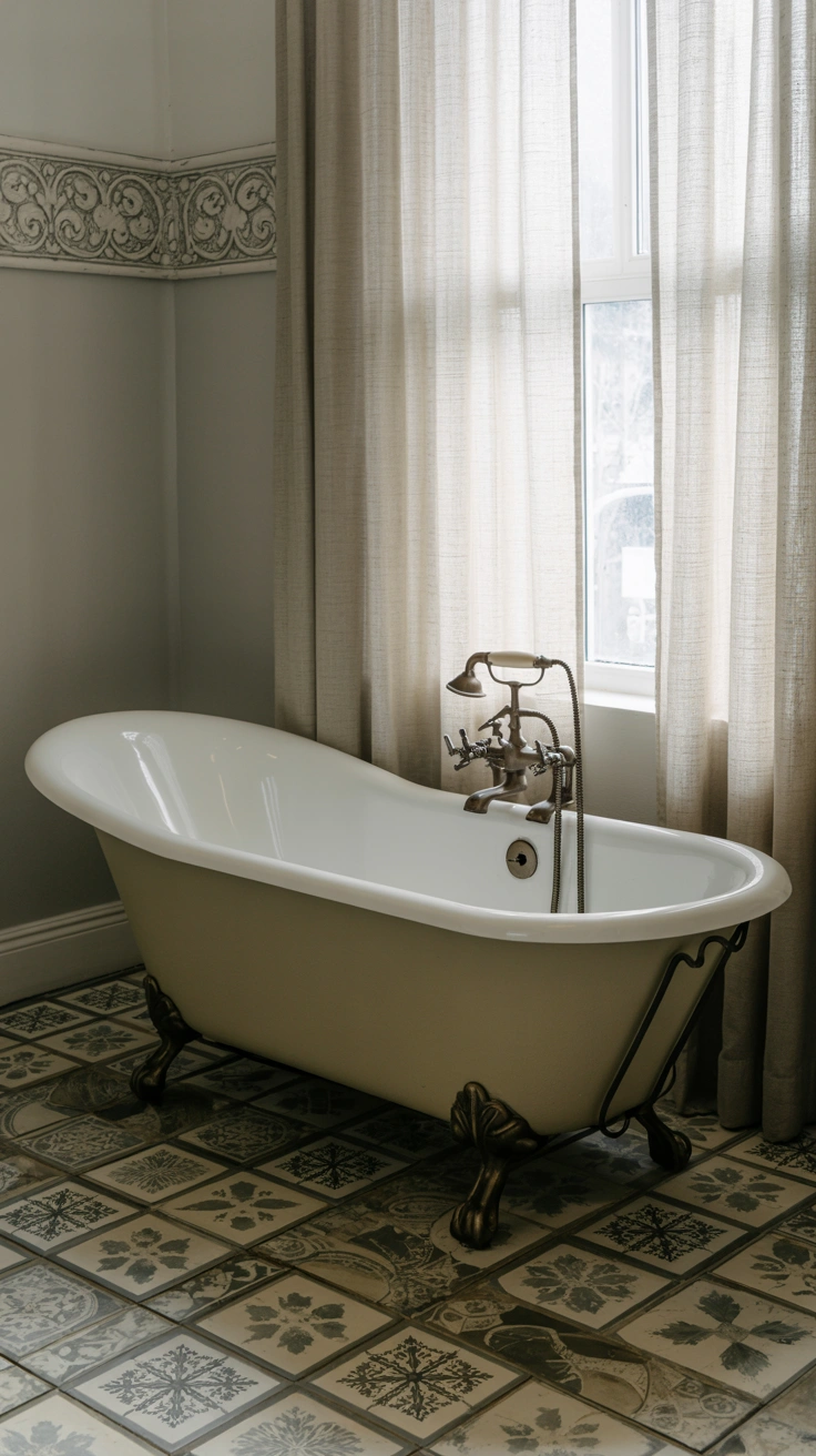 25 Cozy Farmhouse Bathroom Ideas With Rustic Charm 4 Vintage white clawfoot bathtub with brass fixtures on patterned floor tiles.