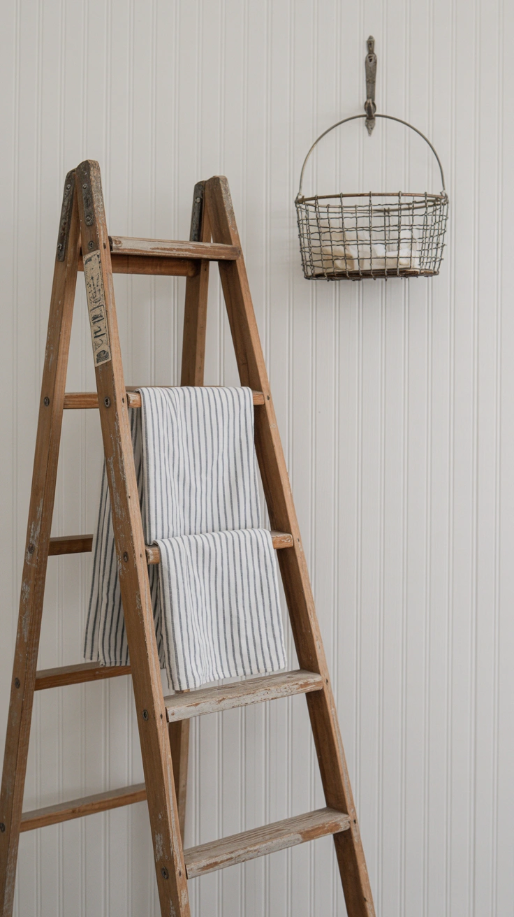 25 Cozy Farmhouse Bathroom Ideas With Rustic Charm 20 Weathered wooden ladder draped with soft striped towels against a beadboard wall.