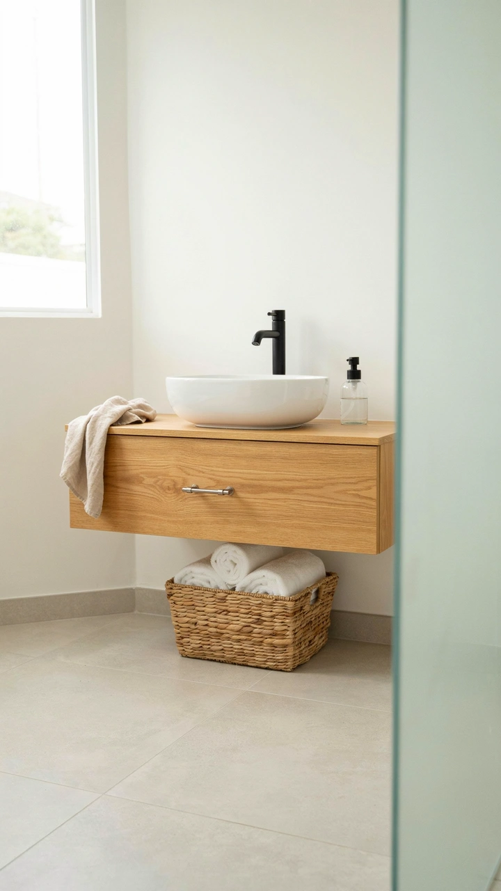 21 Cozy Bathroom Ideas for Small Spaces That Feel Surprisingly Spacious 4 floating light oak vanity mounted above light stone flooring in a small bathroom.