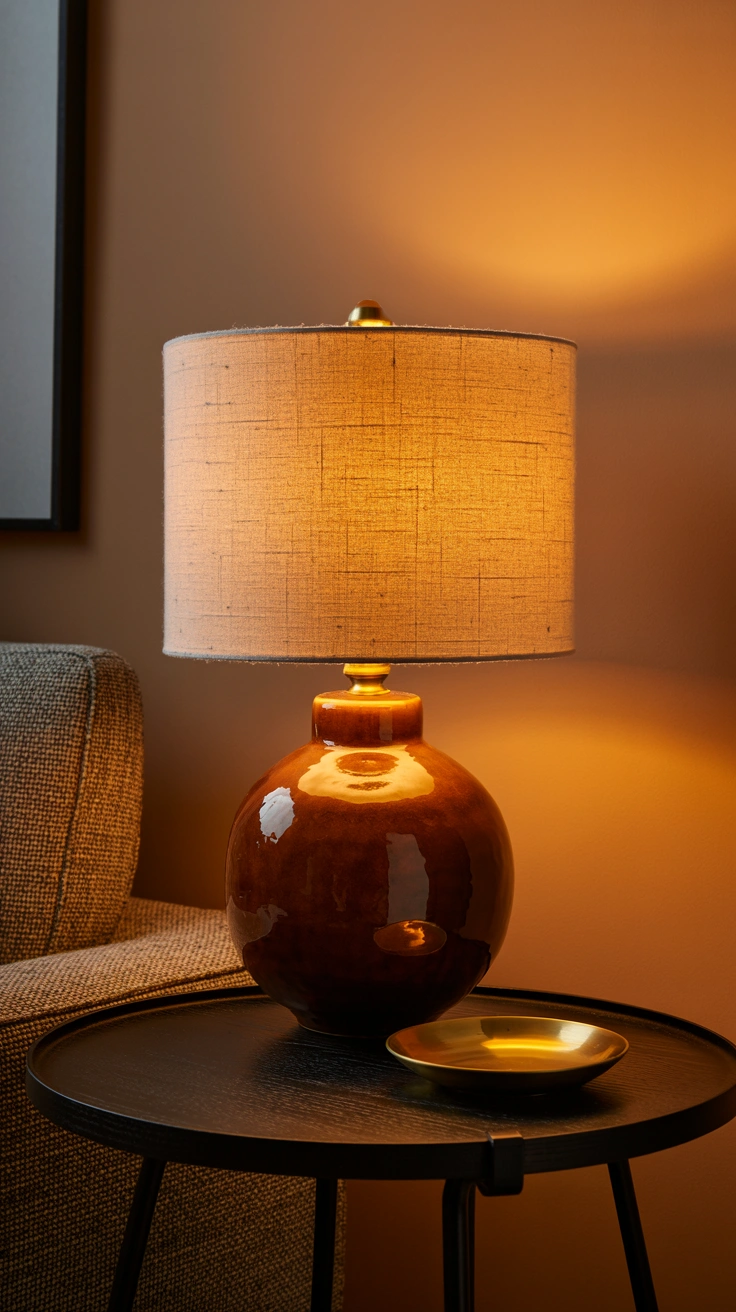 21 Earthy Fall Living Room Ideas for a Warm and Cozy Home 12 A warm amber ceramic table lamp glowing softly on a side table during evening.