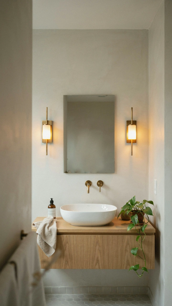 21 Cozy Bathroom Ideas for Small Spaces That Feel Surprisingly Spacious 9 Twin brass wall sconces flanking a bathroom mirror giving off warm glowing illumination.