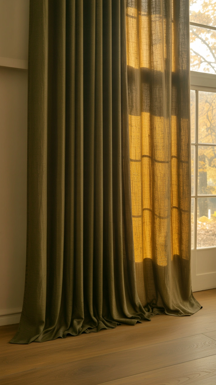 21 Earthy Fall Living Room Ideas for a Warm and Cozy Home 4 Floor to ceiling olive green linen curtains framing a sunny living room window.
