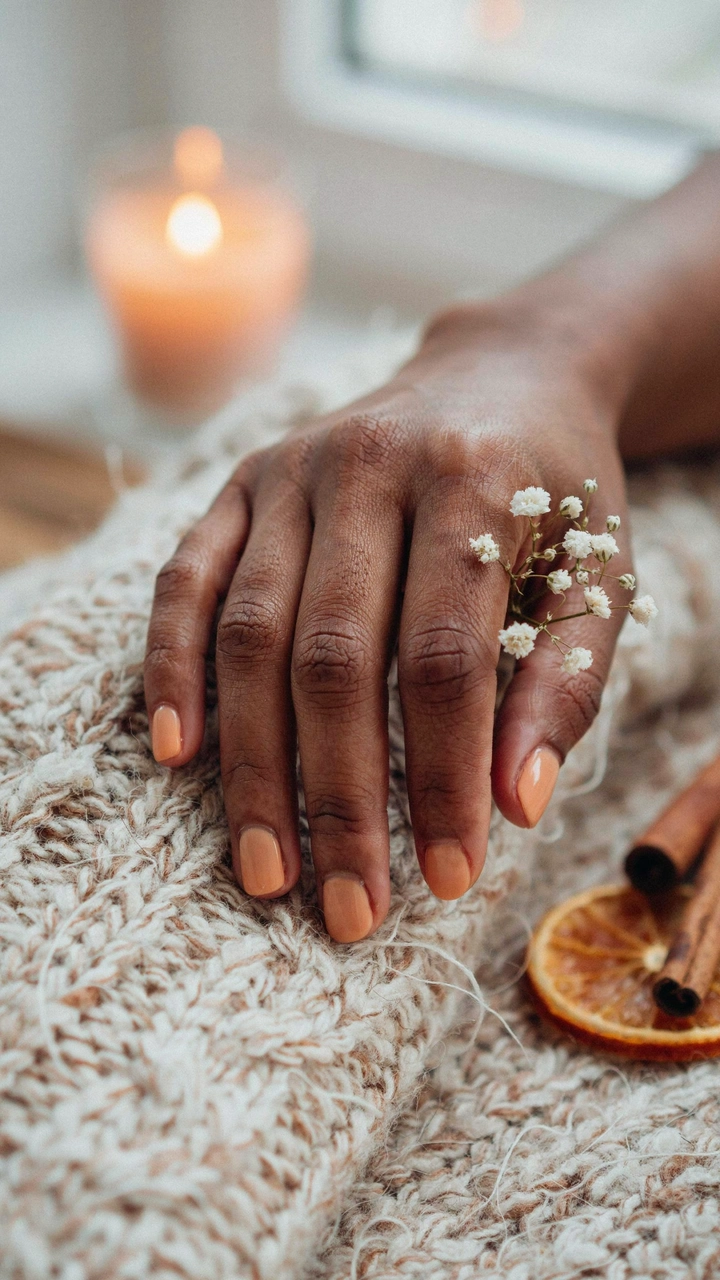 21 Cozy Fall Nail Ideas for a Warm Seasonal Look 2 Close up of hand showing off pumpkin spice cream colored nails on a cozy blanket.