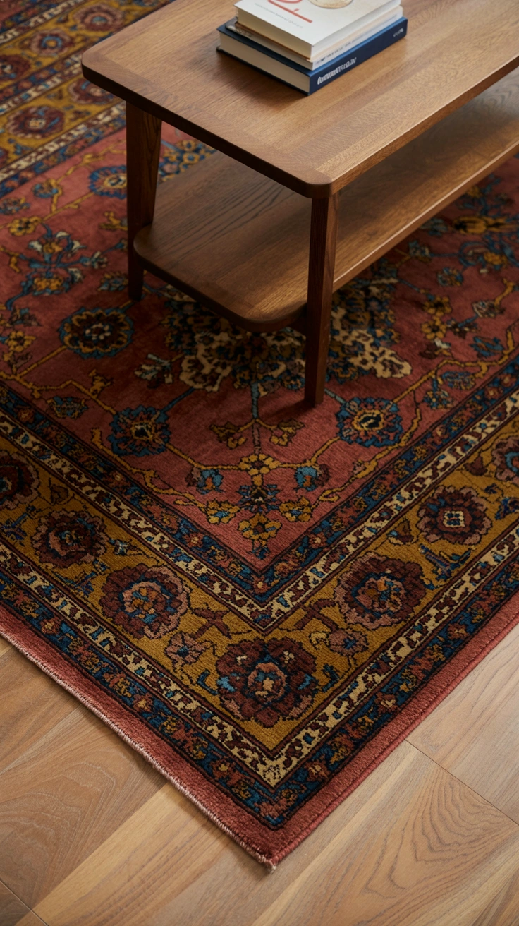 21 Earthy Fall Living Room Ideas for a Warm and Cozy Home 20 A vintage style oriental area rug in paprika, cinnamon, and cream tones on hardwood flooring.