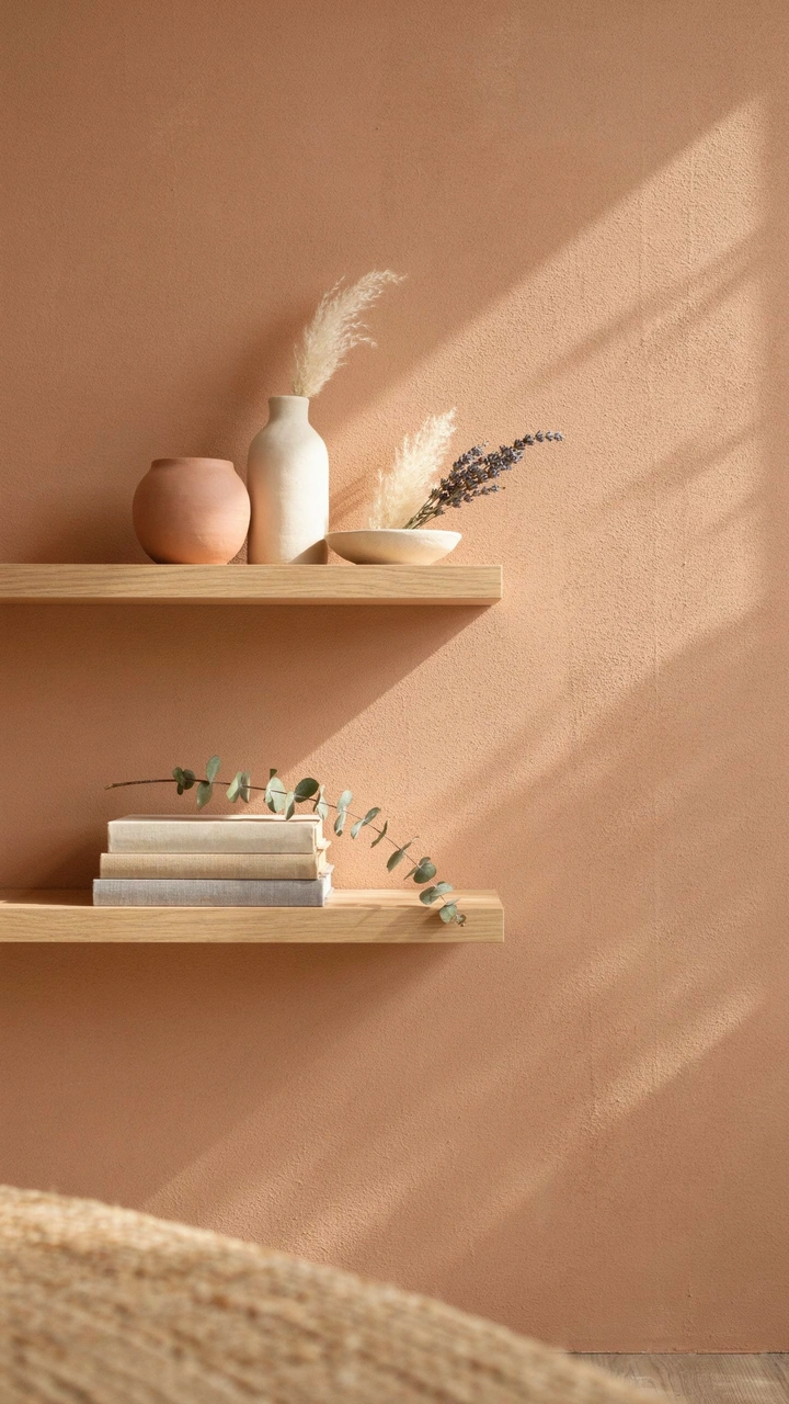 21 Earthy Fall Living Room Ideas for a Warm and Cozy Home 2 A living room wall painted in a warm terracotta shade with open oak wooden shelves and ceramic pots.