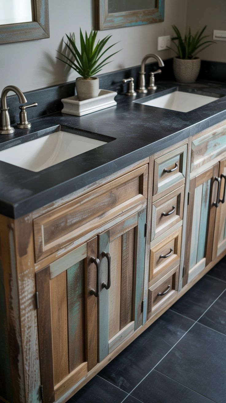 25 Cozy Farmhouse Bathroom Ideas With Rustic Charm 2 Reclaimed wood bathroom vanity with dark soapstone counters and black hardware.
