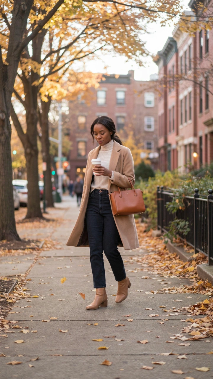 How to Build a Simple Fall Capsule Wardrobe You’ll Actually Wear 2 A dark brown woman wearing a neutral fall capsule wardrobe outfit including a beige coat and straight-leg denim jeans.