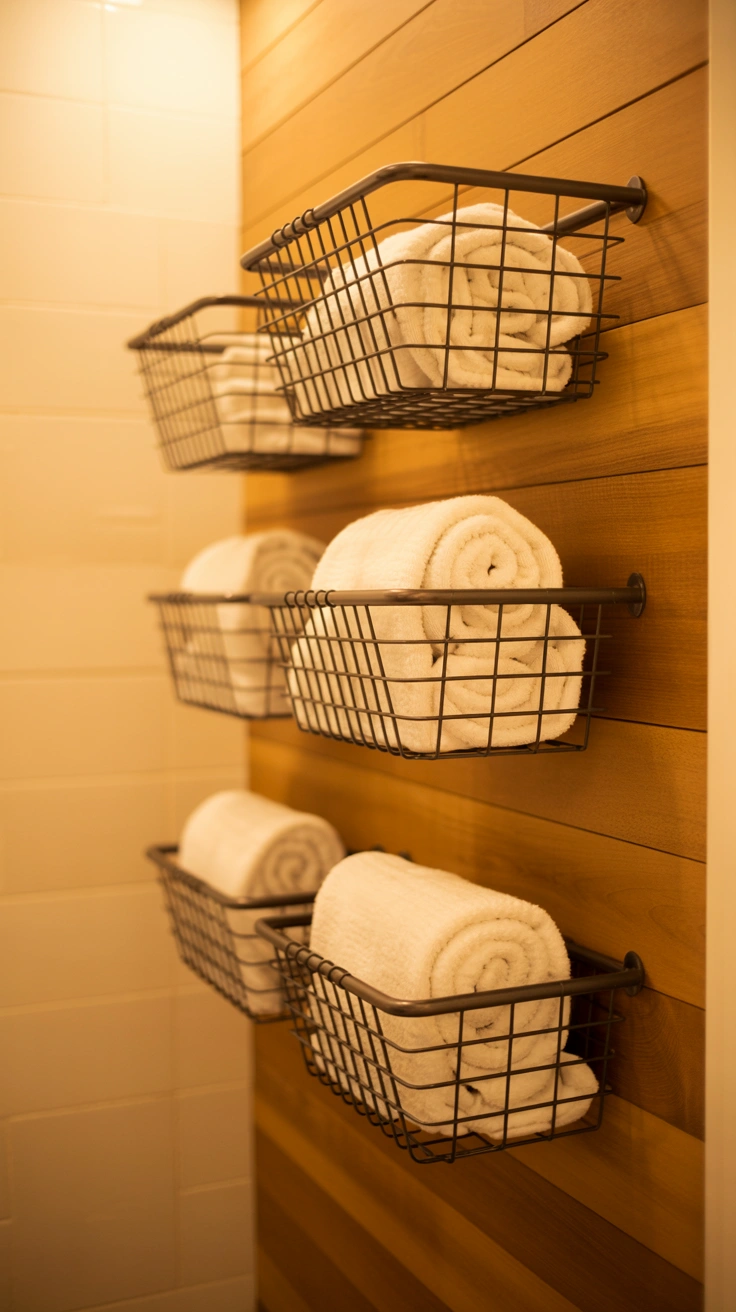 25 Cozy Farmhouse Bathroom Ideas With Rustic Charm 23 Metal wire baskets mounted on a wall holding rolled towels.