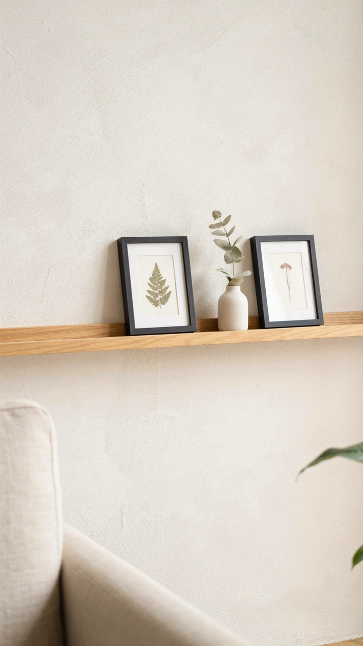 21 Cozy Bathroom Ideas for Small Spaces That Feel Surprisingly Spacious 17 A thin wooden shelf displaying small framed botanical prints on a neutral bathroom wall.