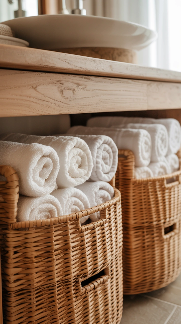 25 Cozy Farmhouse Bathroom Ideas With Rustic Charm 7 Natural woven seagrass storage baskets containing clean white bath towels.