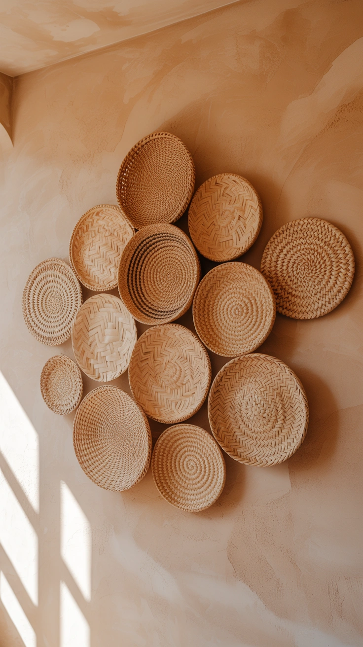 21 Earthy Fall Living Room Ideas for a Warm and Cozy Home 17 An artistic gallery arrangement of round woven seagrass baskets on a neutral wall.