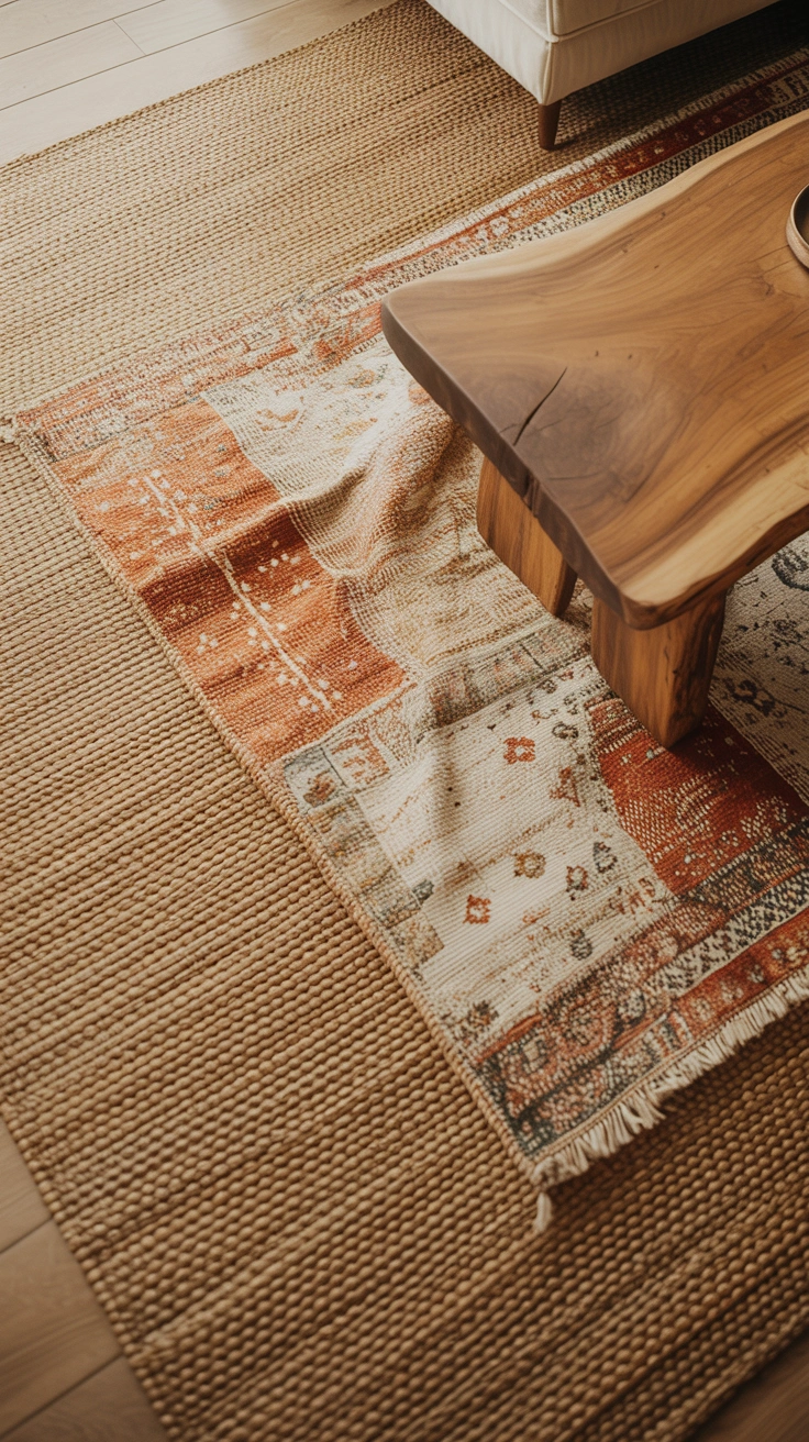21 Earthy Fall Living Room Ideas for a Warm and Cozy Home 5 A small vintage pattern rug layered on top of a large natural jute area rug on hardwood flooring.