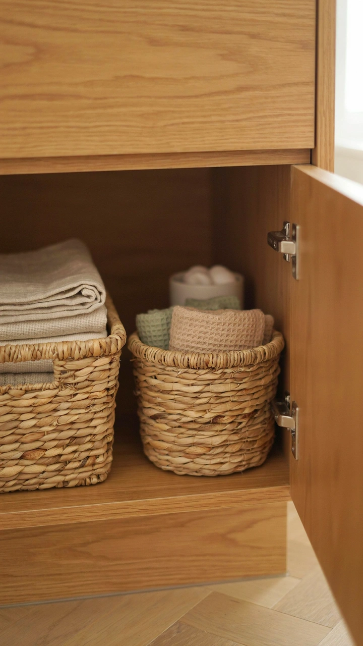 21 Cozy Bathroom Ideas for Small Spaces That Feel Surprisingly Spacious 14 Woven seagrass baskets sitting beneath a sink with textured waffle towels hanging nearby.