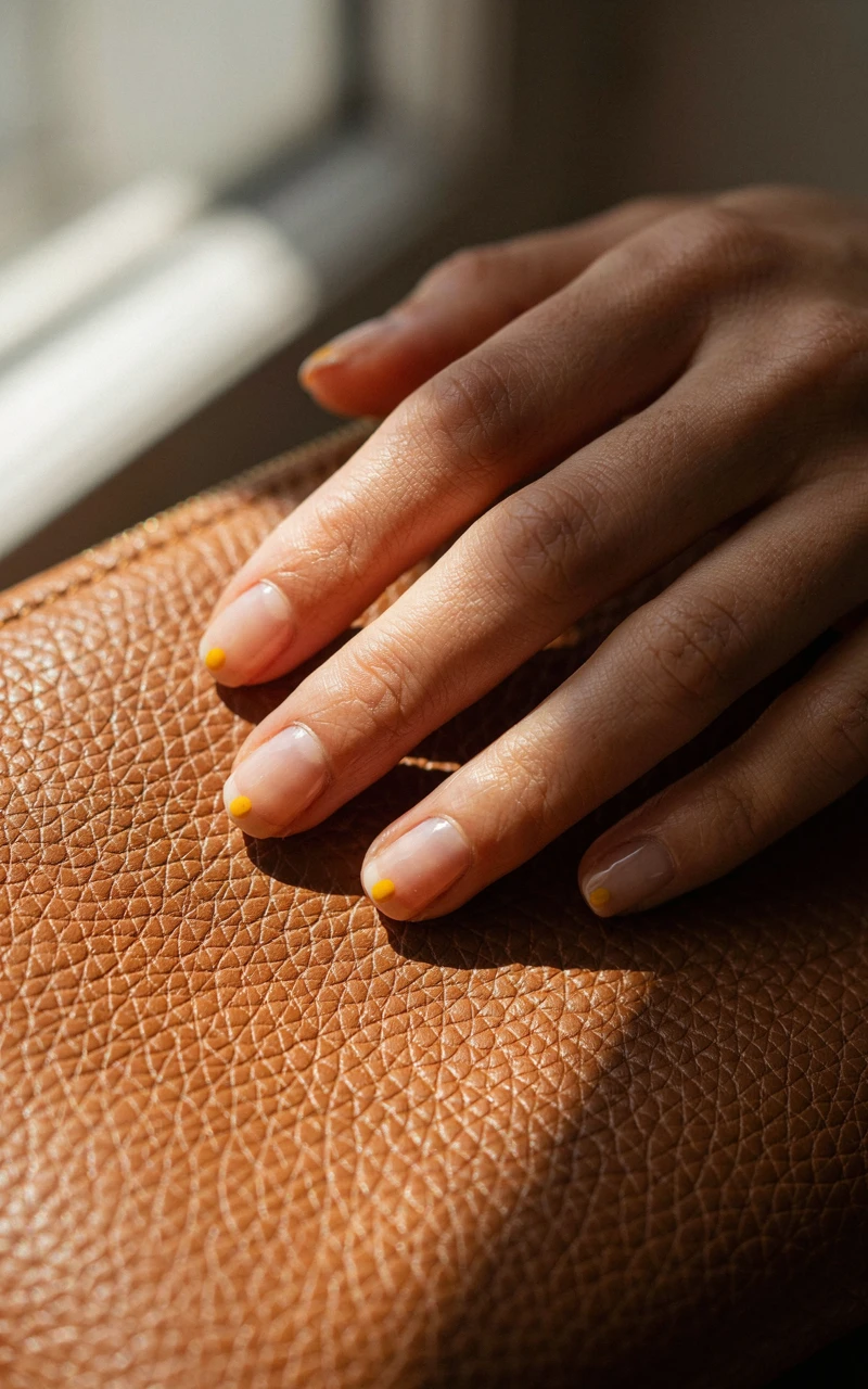 13 Almond Fall Nail Ideas That Look Elegant and Trendy 11 A dark brown woman's hand on a leather bag with clear almond nails and a single mustard yellow dot.